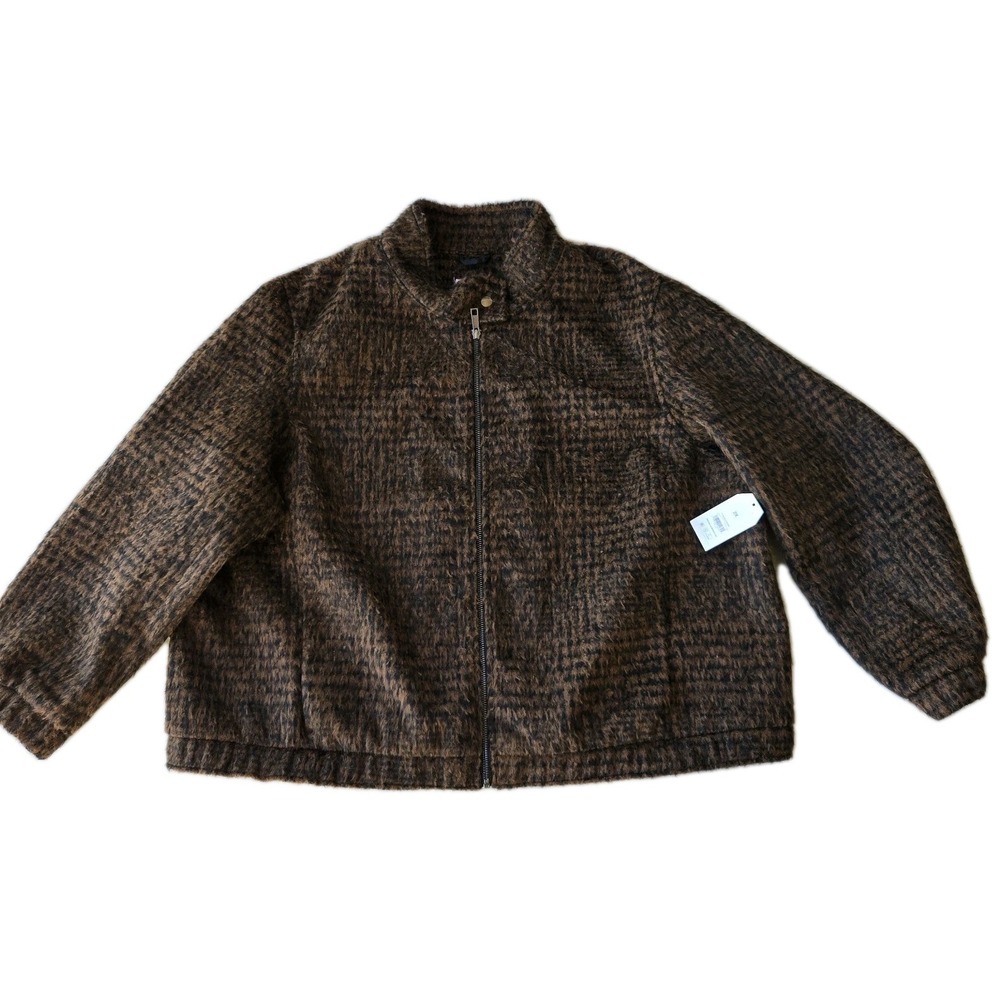 NEW Time And Tru Faux Wool Bomber Jacket Houndstooth Plaid Womens Sz 2x Zip Coat